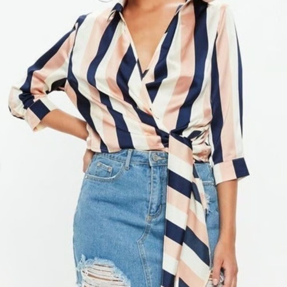 NWT Missguided Wrap Tie Side Stripe Blouse - Picture 1 of 8